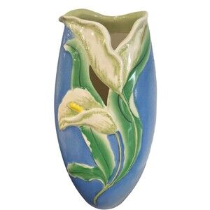 Calla Lily Vase 12" Tall Large Blue Green Yellow Embossed Unmarked